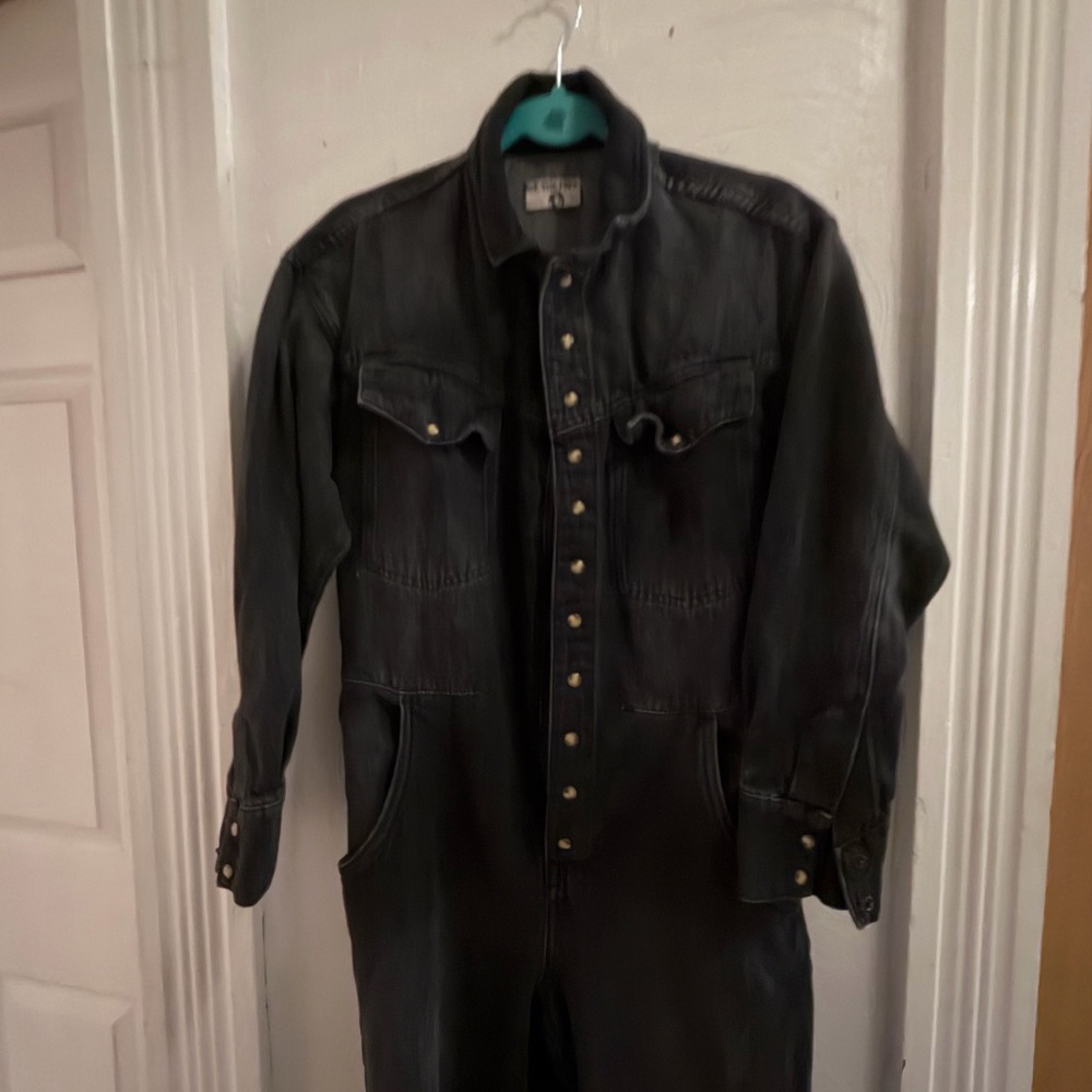 We The Free Black Denim Jumpsuit with Snap Front